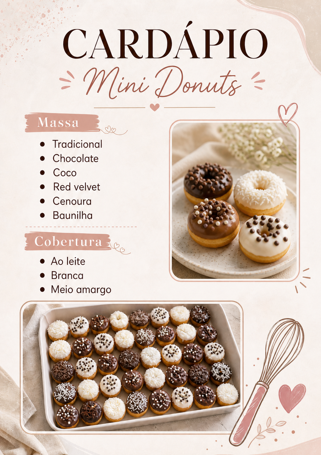 Cardápio de mini donuts com sabores e fotos, mas sem preço, rendimento, prazo ou instrução para pedir