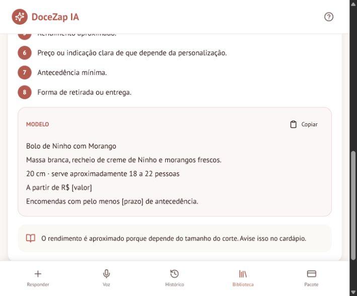 Tela real do Cardápio que Rende com modelo de descrição de bolo